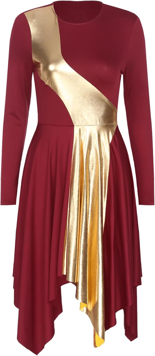 Shinsto Womens Long Sleeve Praise Dance Dress Metallic Color Block Worship Church Liturgical Dancewear