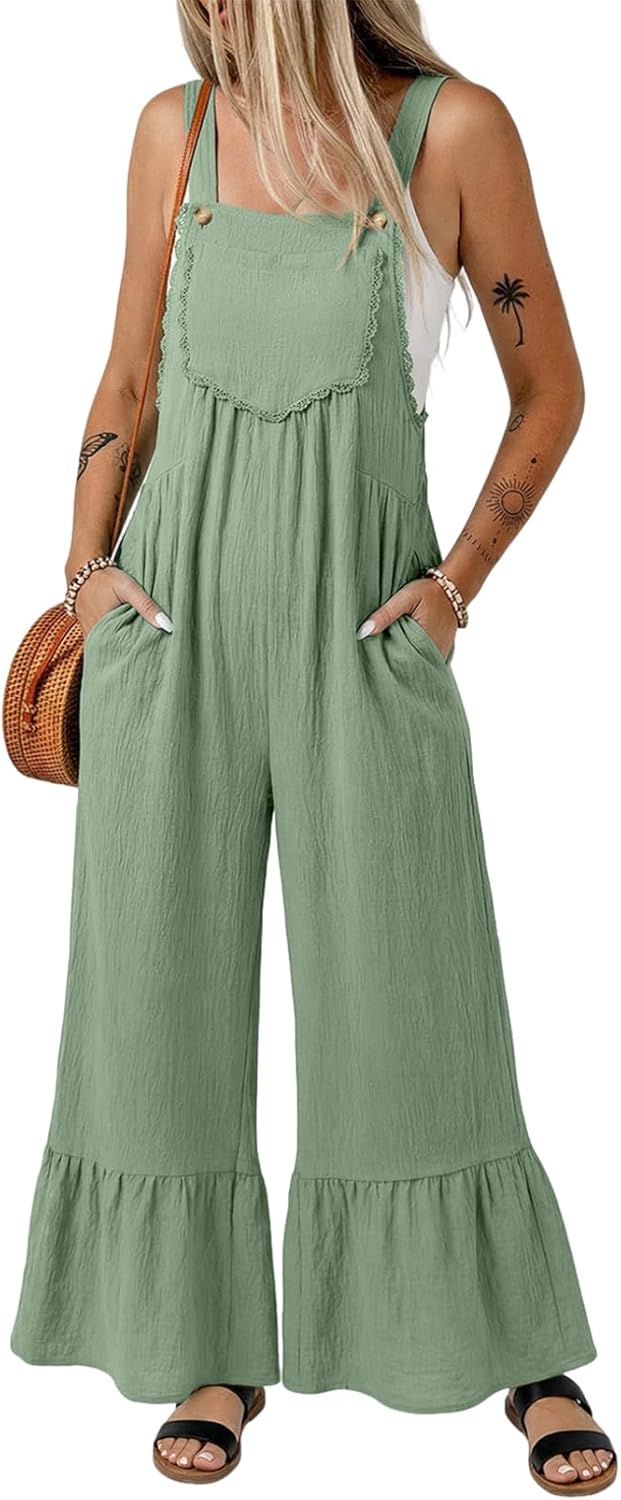 Dokotoo Women's Lace Casual Overalls Summer Jumpsuit Loose Baggy Wide Leg Ruffle Pants Rompers with Pockets - Image 2