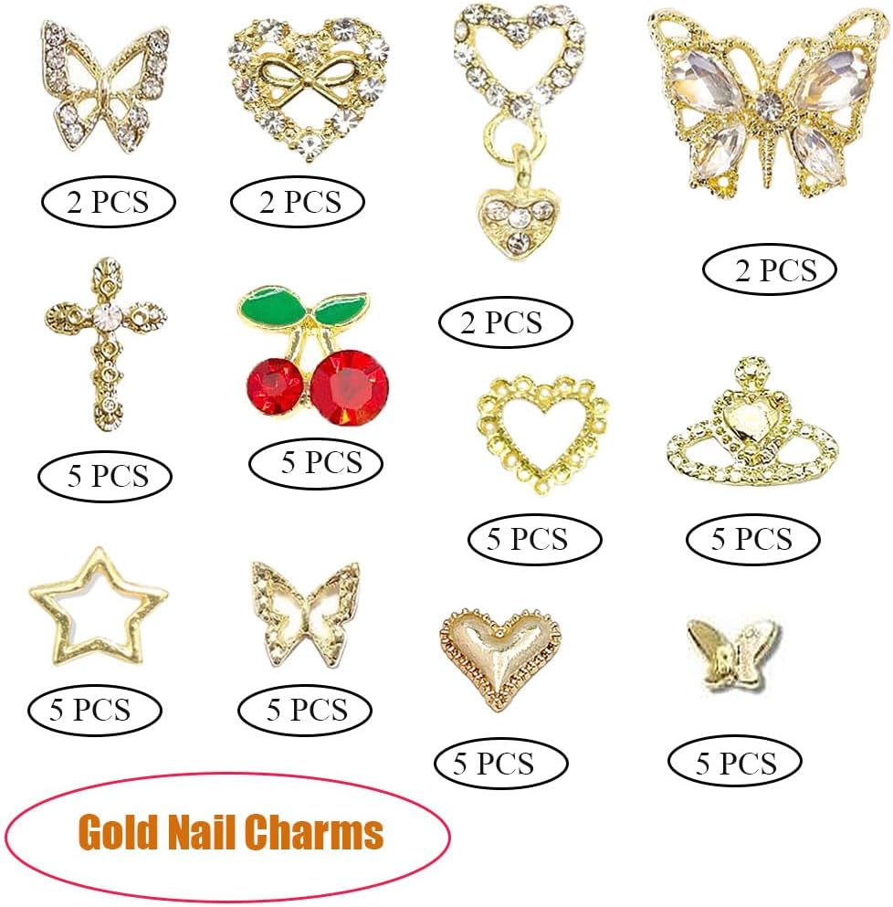 48PCS Gold Nail Charms 3D Butterfly Cross Star Heart Cherry Nail Art Charms Nail Gems Gold Charms for Nails for Women Nail DIY Design - Image 2