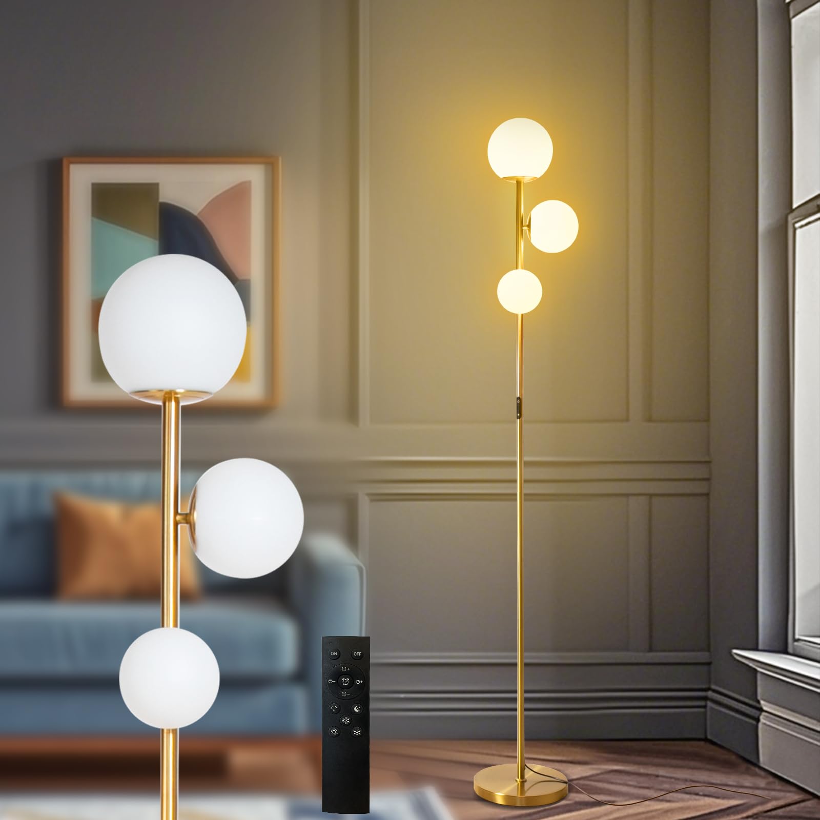 ShineMuse Mid Century Gold Floor Lamp,Dimmable LED Brass Floor Lamp Touch Control with Remote,Vintage Modern 3 Globe Standing Lamp for Corner,Living