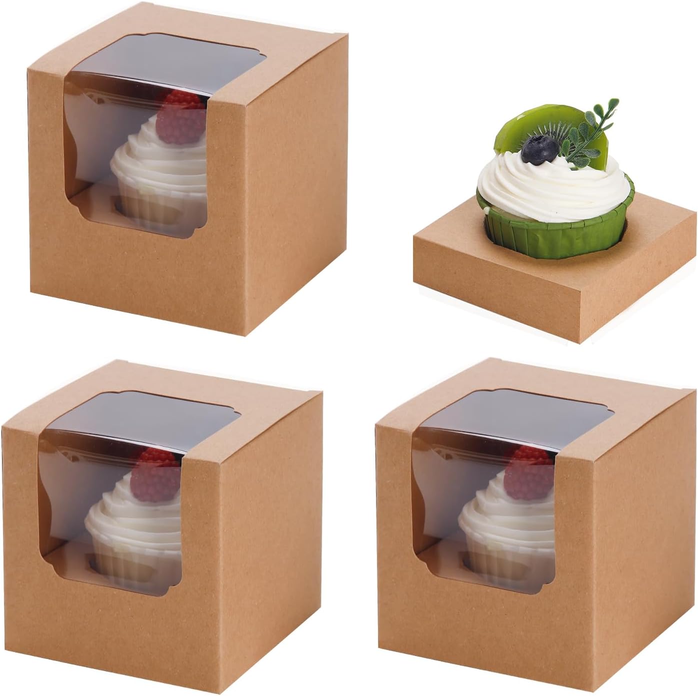 BTSD-home Pack of 50 Cupcake Boxes, Single Cake Boxes with 50 Inserts, Cupcake Transport Box for Muffins, Wedding Party Favours (Brown, 8.9 x 8.9 x 8.9 cm)