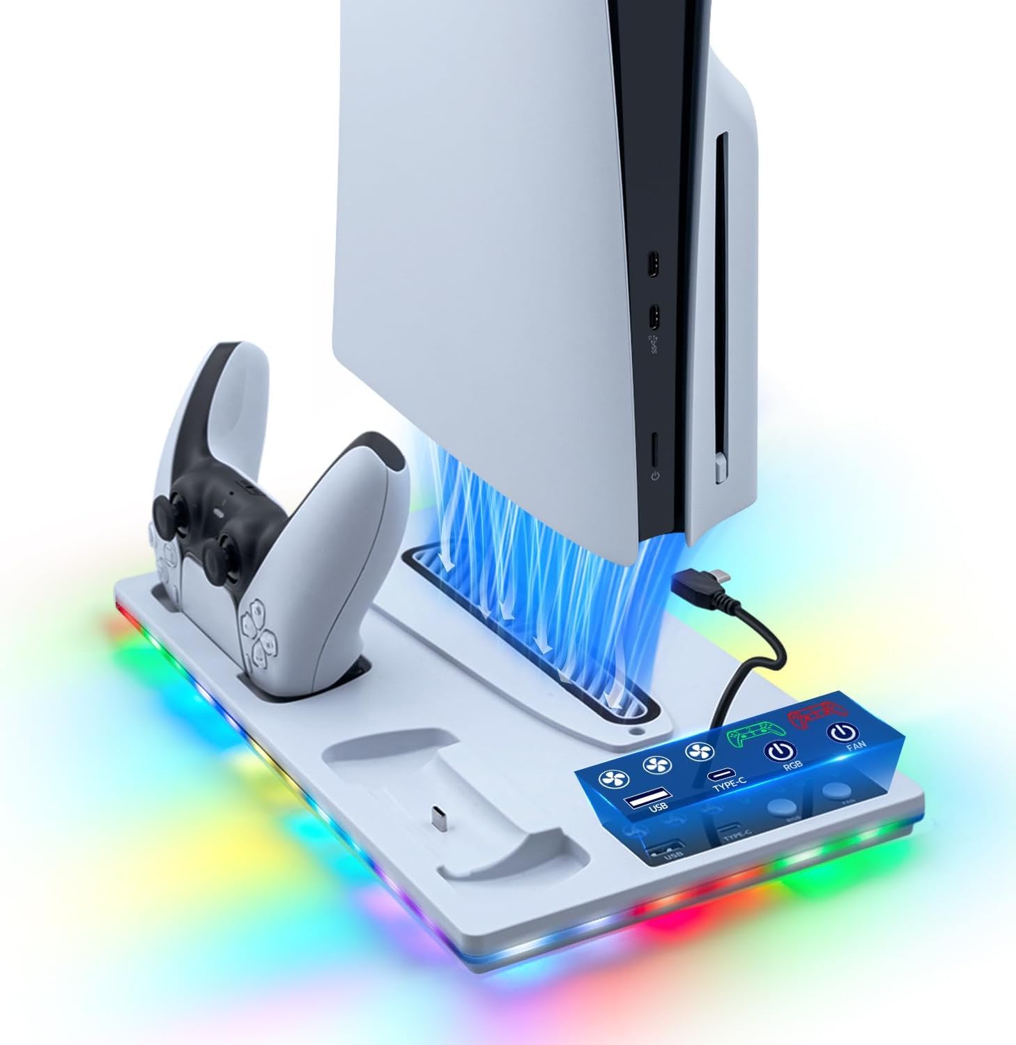 Verticale Supporto con Raffreddamento per PS5/PS5 Pro/PS5 Slim,Supporto di Ricarica per Doppio Controller PS5 con USB/Ventola a 3 Livelli/luce RGB per PS5 UHD& Digital /PS5 Slim Disc & Digital