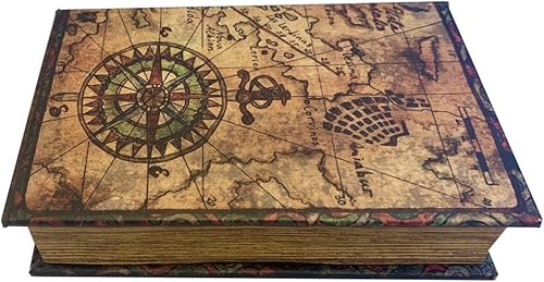 Miniatura 3 de Caja de libros decorativa estilo pirata, caja de cuero sobre madera, rosa del viento, brújula, recuerdo náutico
