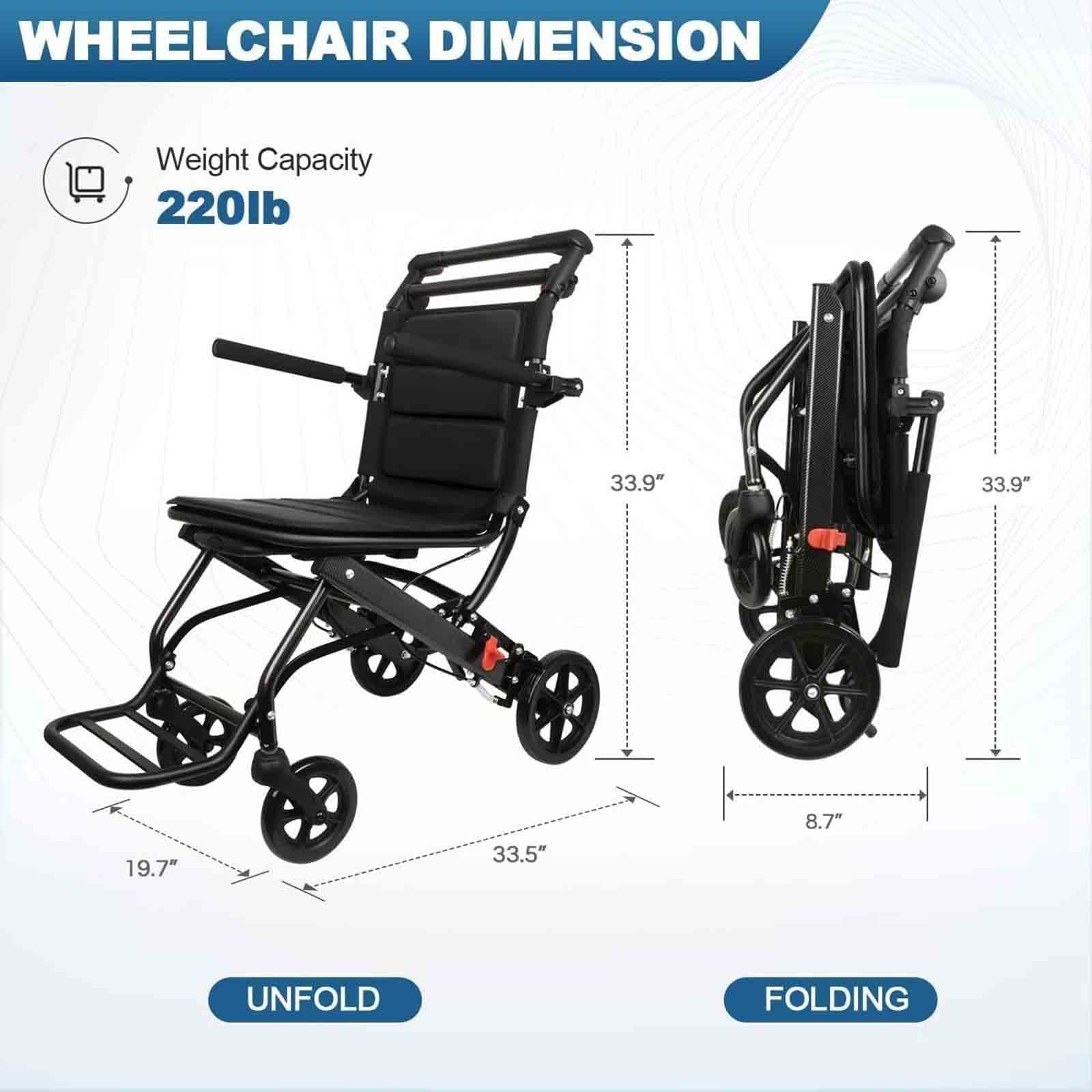 Silla de ruedas de transporte plegable y ultraligera que pesa sólo 15 libras, silla de viaje de transporte ligero que soporta 220 libras, silla de ruedas de aluminio para adultos y personas mayores (
