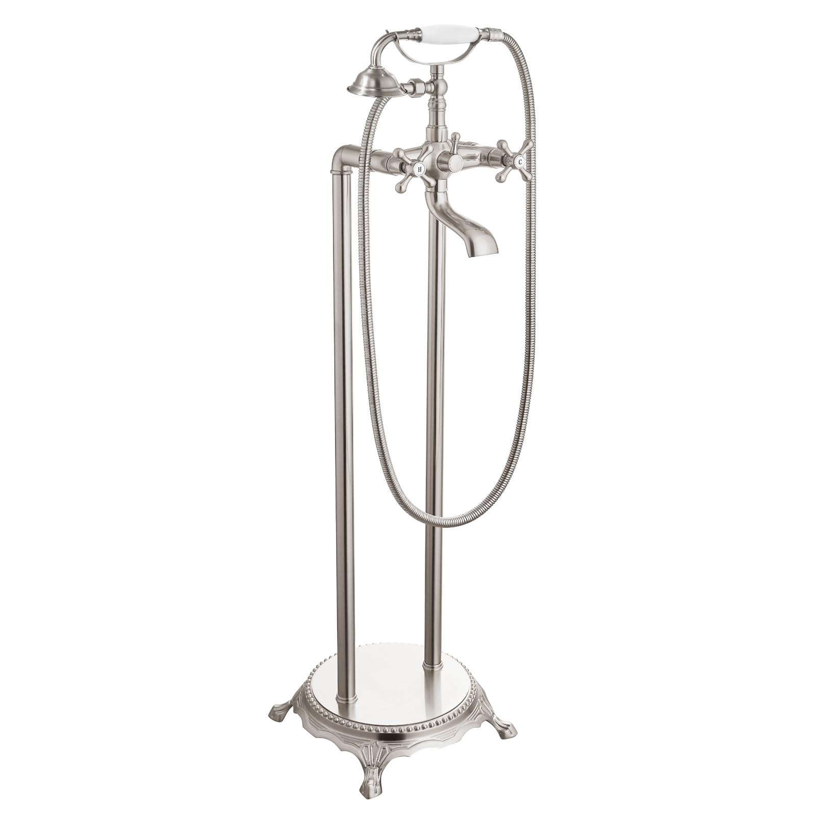 Robinet de baignoire autonome à double boutons croisés et finition en nickel brossé mat