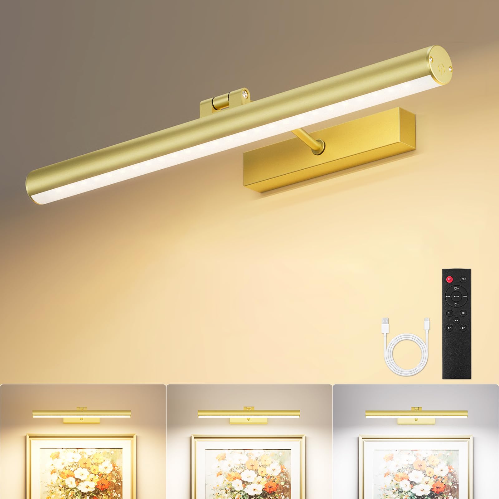 VOLISUN 1 paquete de luz para imagen, luz artística de 16 pulgadas, funciona con pilas, control remoto, color dorado