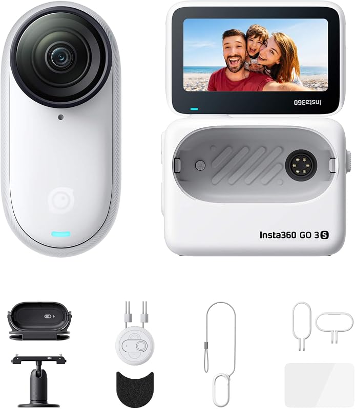 Insta360 GO 3S - Paquete de acción de 128 GB Pequeña cámara de vlogging portátil 4K blanca, POV manos libres, montaje en cualquier lugar, estabilización, duración de batería de 140 min, resistente al agua hasta 10 m, POV para mascotas