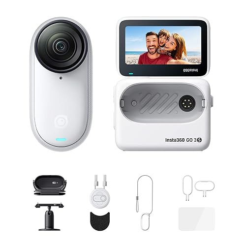 Insta360 GO 3S - 128 GB Action Bundle White 4K Tiny Portable Vlogging Camera, Hands-Free POVs, Mount Anywhere, Stabilization, 140 Min Battery Life, 10m Waterproof, Pet POV - White - Action Bundle