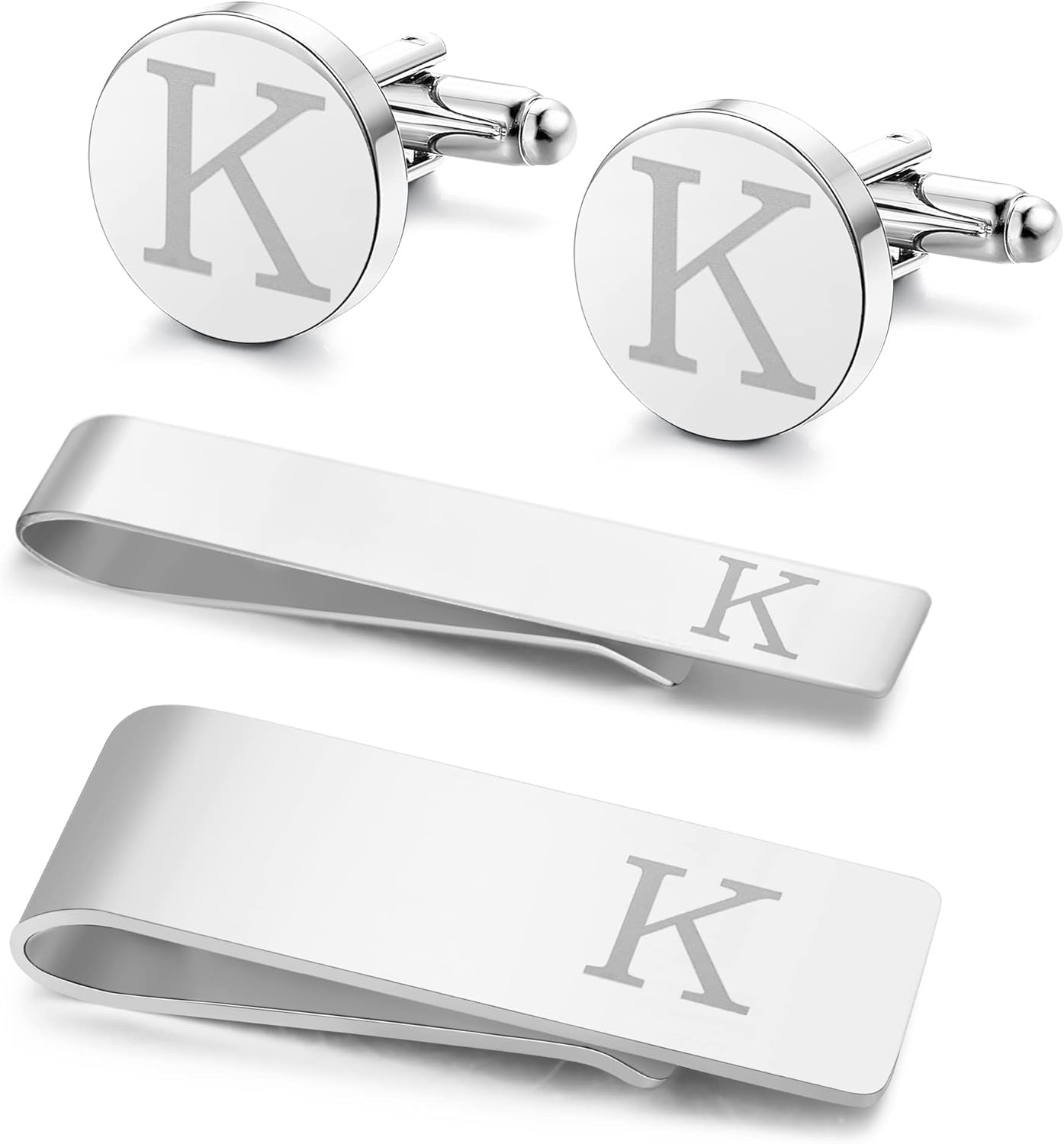 Gemelli E Fermacravatta Con Iniziale - Set Uomo In Acciaio Inox, Personalizzato, Con Portasoldi - Foto 9