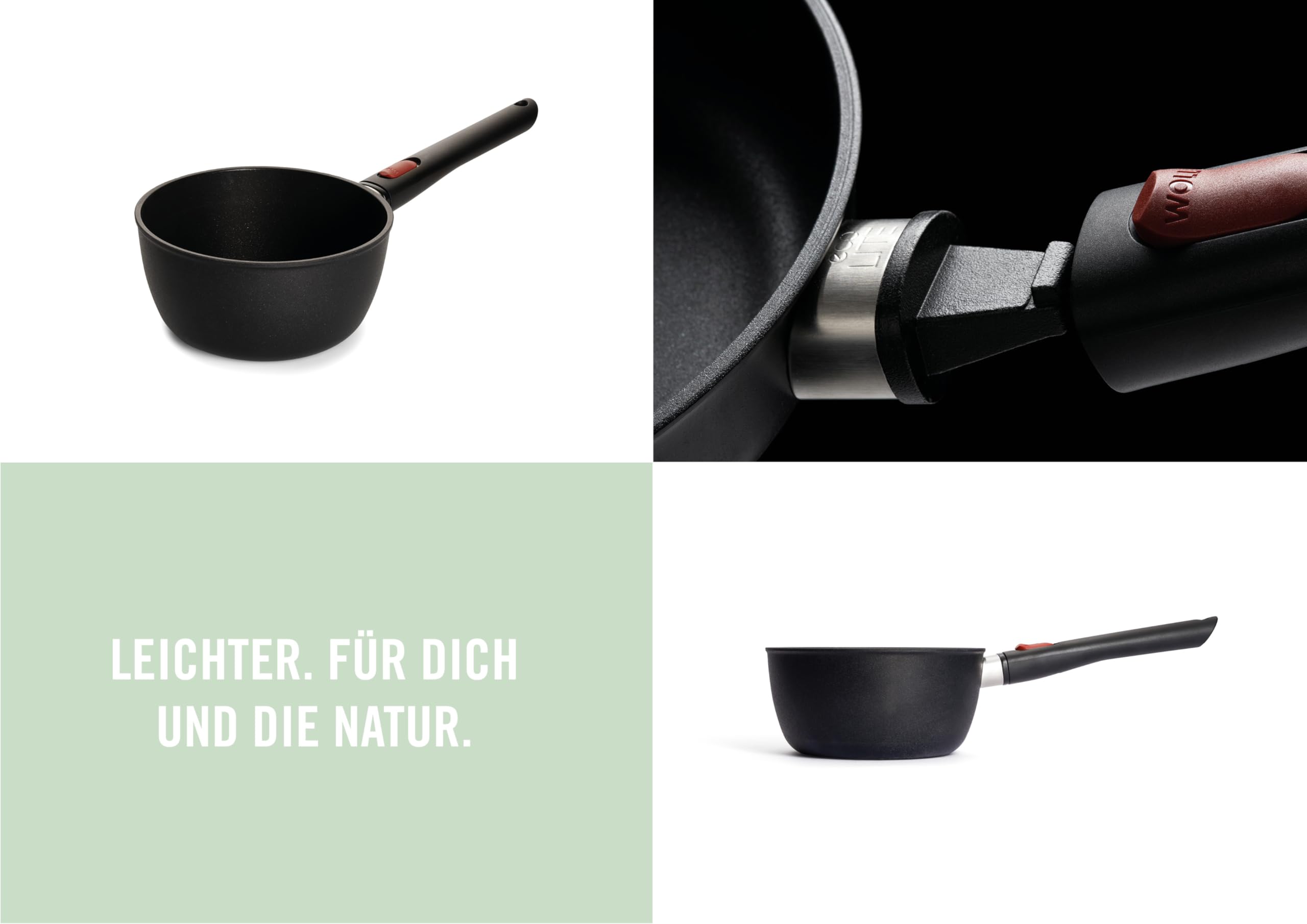 Woll Eco Lite - Pentola induttiva, diametro 18 cm, altezza 9,5 cm, 2 litri, con manico rimovibile, adatta per tutti i piani cottura, 100% alluminio riciclato, resistente al forno, colore: Nero