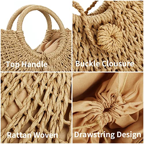 Handwoven Rattan Top-Handle Bag For Women Bohemian Round Straw Tote Bag Beach Large Carrying Handbag (Off White) #TOP2