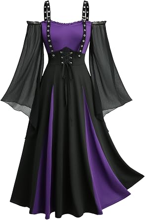 DRESSFO Womens Gothic Victorian Punk Halloween Costume Renaissance Chiffon Textured Lace Up Dress
