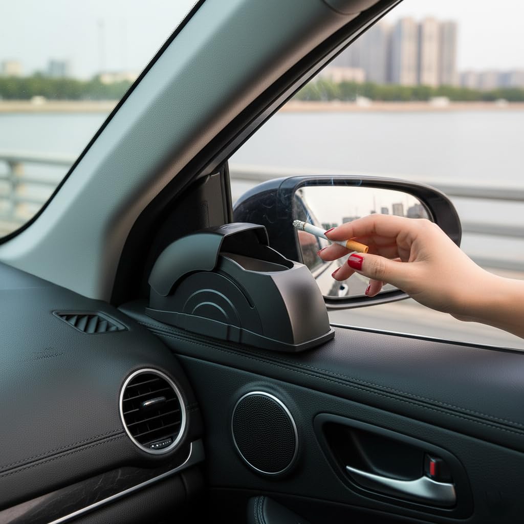 STHIRA® Car Ashtray with Metal Liner, Stylish Snail-Shaped Ash Tray with Flip Open Lid, Smoke-Free Anti-Odor Smoke Tray, Compact Ash Bin for Car Door, Dashboard 2