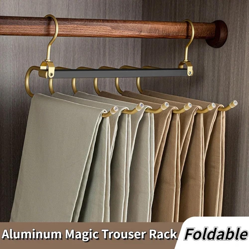 Magic Pants Hanger - Perchero giratorio 6 en 1 de aleación de aluminio plegable para pantalones, diseño antideslizante para el hogar, viajes y dormitorio, ropa negra versátil