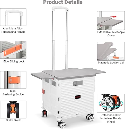 Miniatura 2 de Carrito plegable portátil plegable con ruedas, cesta de mano con tapa magnética, cubierta telescópica, resistente al desgaste, rueda giratoria de