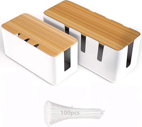 Miniatura 1 de Caja organizadora de cables, paquete de 2 cajas organizadoras de cables con 100 bridas para cables, tapa de madera, organizador de cables para
