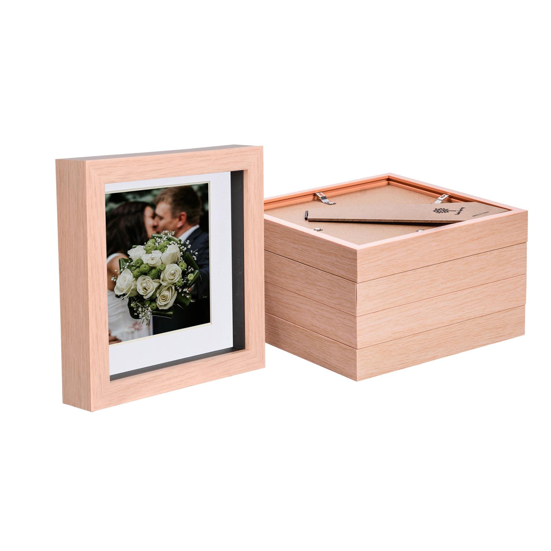 Nicola Spring Light Brown/White 5X 6 X 6 Inch 3D Box Wooden Photo Frames With 4 X 4 Inch Mount - Standing Hanging Craft Shadow Memory Picture Display Case For Flowers Crafts Art Medal
