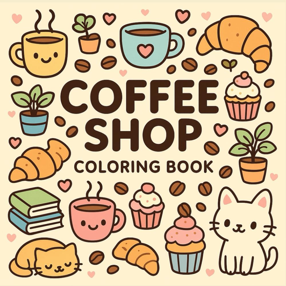 Coffee Shop Coloring Book: Kawaii Coffee Shop Doodle Coloring Book for Kids & Adults – Cozy, Cute, Stress Relief