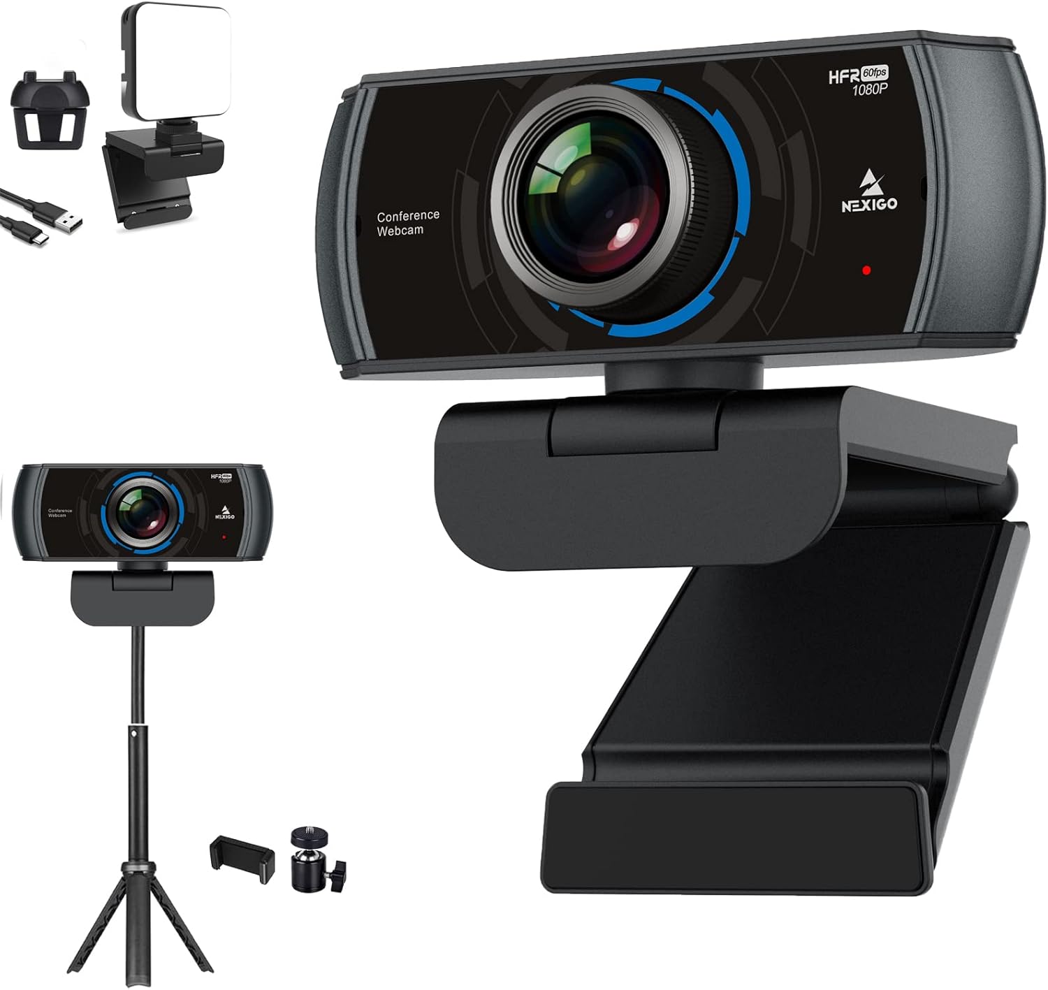 NexiGo 60FPS 1080P Webcam Kits, N980P HD Web Camera with Microphone, 120 Degrees Wide-Angle, Software Control, Lightweight Mini Tripod, Video Conference Lighting Kit, for Zoom/Skype/Teams