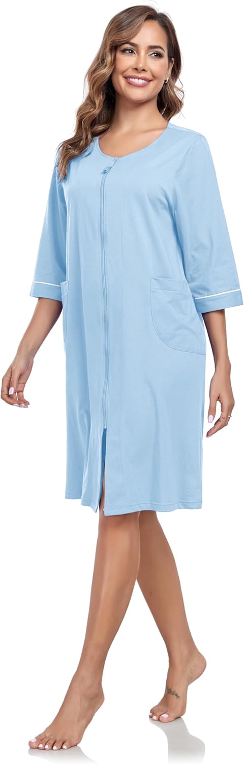 COLORFULLEAF Women's 100% Cotton Robe Lightweight 3/4 Sleeve Zip Front Robes Soft Knee Length Bathrobe Housecoat