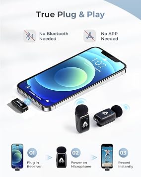 Mini Microphone for iPhone & Android, Wireless Lavalier Mic, Adapter