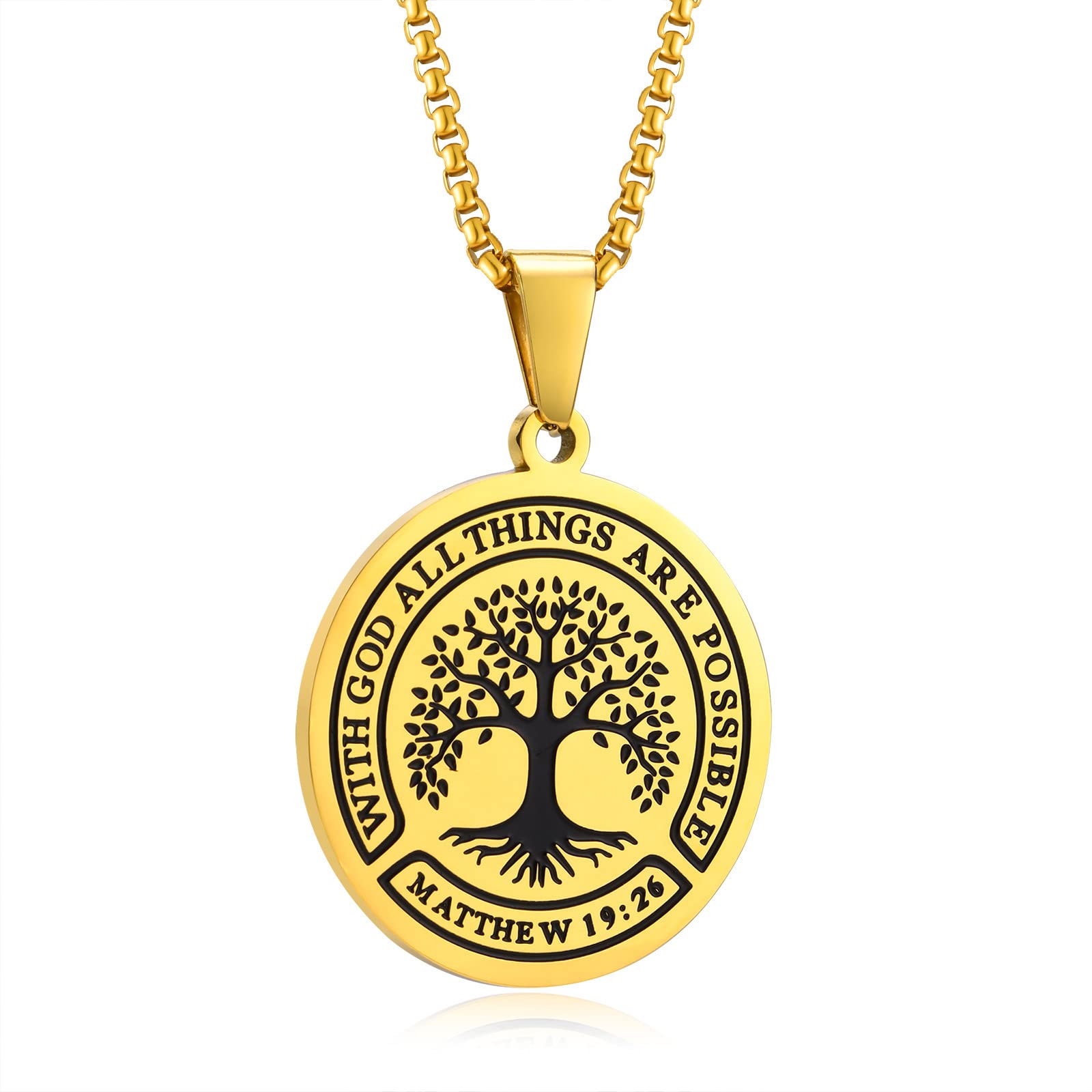 XUANPAITree of Life Necklace -Engraved with God All Things are Possible Matthew 19:26/Inspirational Bible Verse Round Pendant Necklace for Men Women with Stainless Steel, 24 Inches Chain