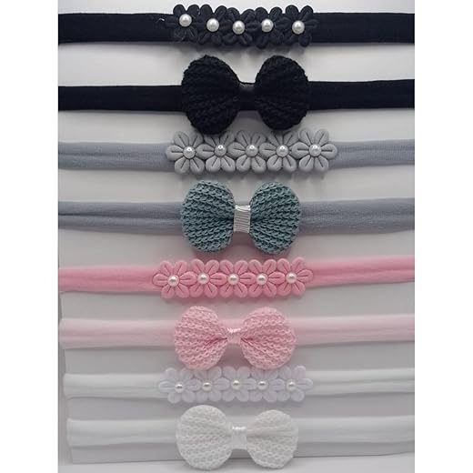 8 Laços de Cabelo para Bebê Recém Nascido menina, Conjunto com Flores trabalhadas com Pérolas e Laços de Crochê (Preto)