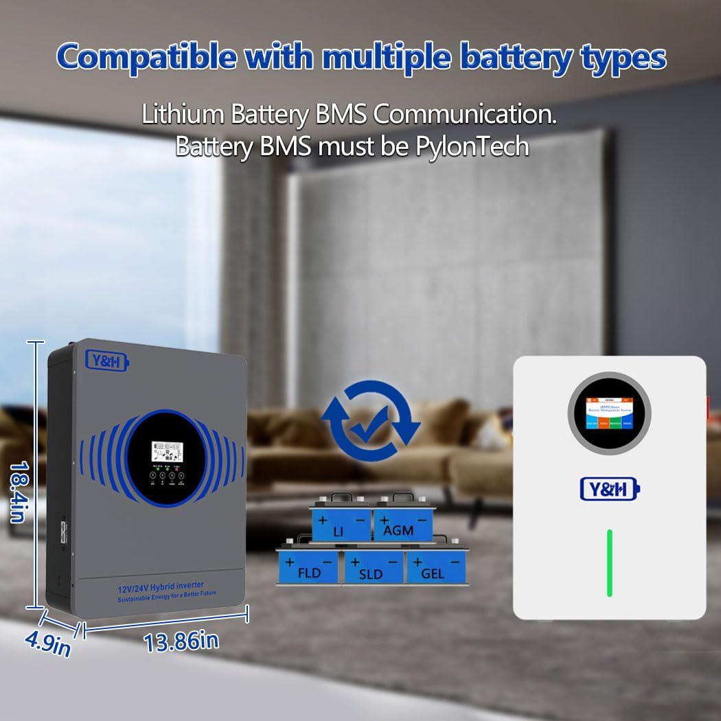 Y&H 4200W Hybrid Solar Inverter AC230V to DC12V/24V Dual Voltage Pure Sine Wave Off-Grid Inverter, Built-in 100A MPPT Controller, Max PV Power 4000W Input with BMS /RS485, for Home/RV/Backup Power - Image 5