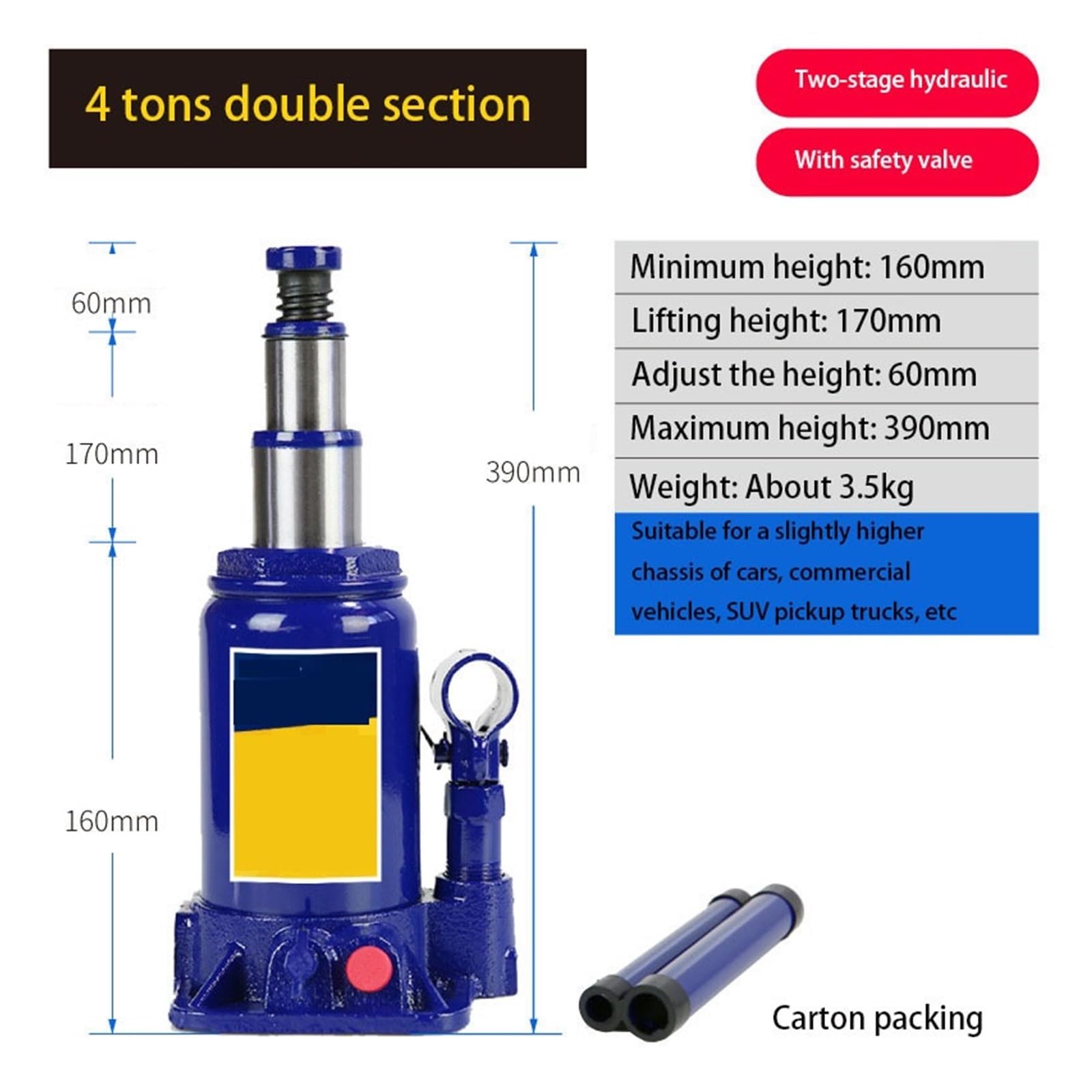 Cric Idraulico Verticale con Valvola di Sicurezza 4 Tonnellate Versione Bassa del for Auto Altezza Massima 390mm Facile Sollevamento