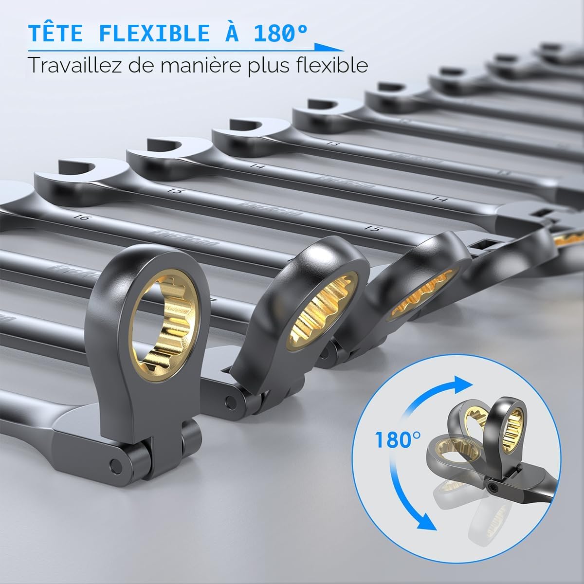 ENEACRO Jeu de clé plate à cliquet, Jeu de clés à tête flexible antidérapante 12 pièces, métrique 8-19mm, 72 dents, Chrome Vanadium, nickelé avec Sac de Rangement