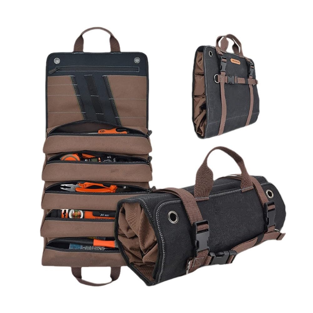 Sac à Outils Enroulableavec 13 Poches, 5 Fermetures Éclair + 7 Glissières, Grande Trousse à Outils pour Électricien, Plombier, Bricoleur, Imperméable et Antidéchirure