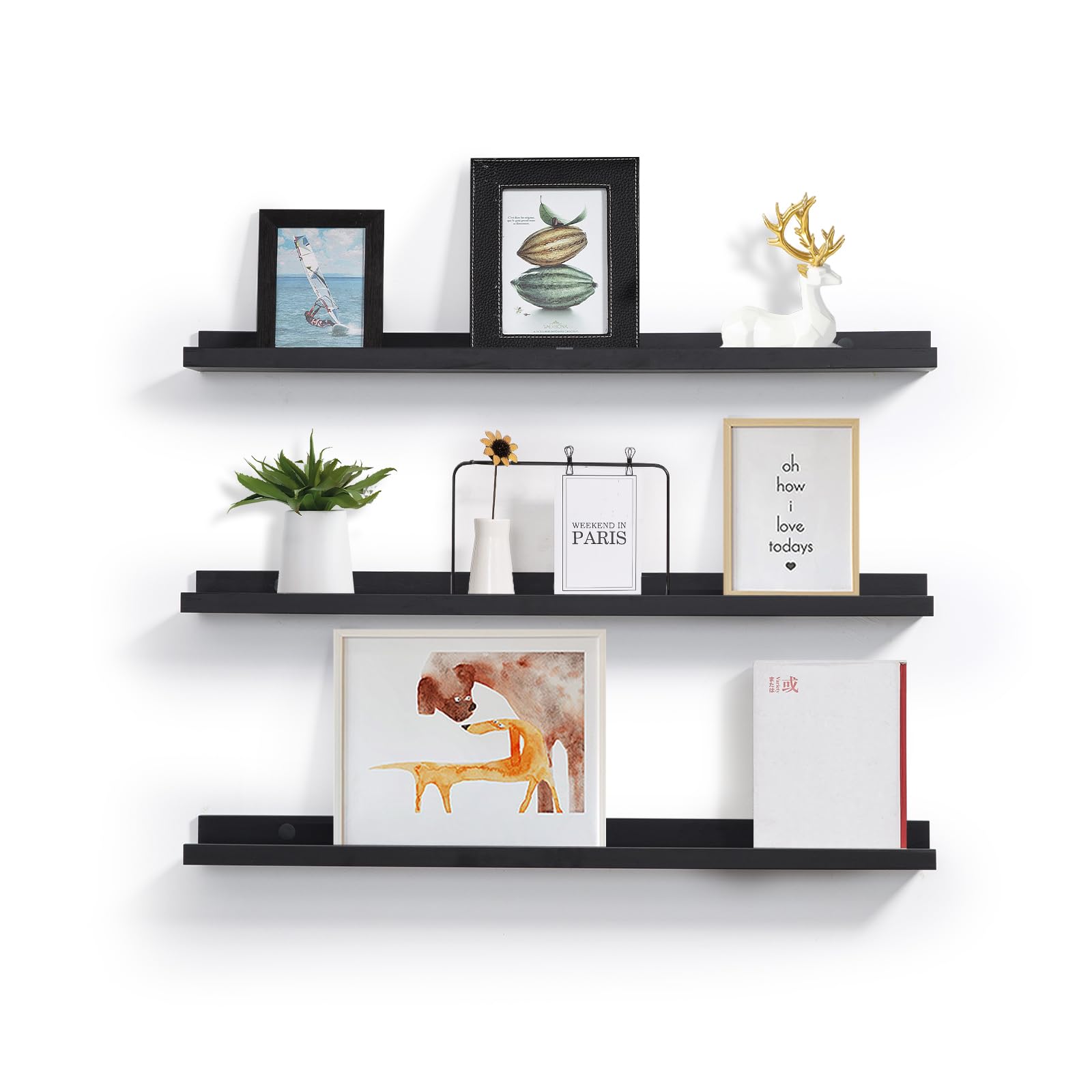 36 Inch Picture Ledge Shelf with Lip Modern Black Floating Photo Shelves Natural Wood Set of 3 Same Sizes Frames Albums Display Shelf for Bedroom Bathroom Living Room Kitchen