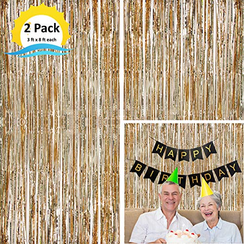Moohome 2 Pack 3ft x 8ft Champagne Gold Foil Curtains Metallic Tinsel Fringe