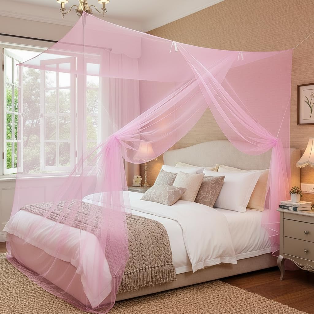 Allbestaye Mosquito Net for Bed, 4-Corner Post Bed Canopy with One Side Opening, Breathable Fine Mesh Protection for Bedroom Dormitory Camping Travel
