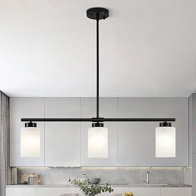 31" Kitchen Island Lighting 3 Light Black Pendant Light for Kitchen Island with Milk Glass Shade Modern Linear Chandelier Adjustable Hanging Farmhouse Light Fixtures Over Dining Table Living Room,E26