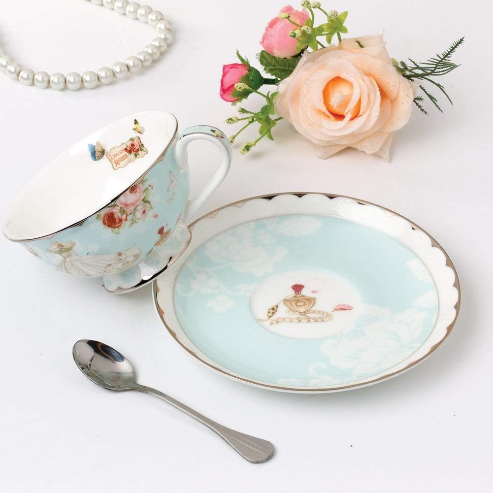 Teacup and Saucer and Spoon Sets Vintage Royal Bone China Tea Cups Rose Flower Blue Boxed Set 7-Oz