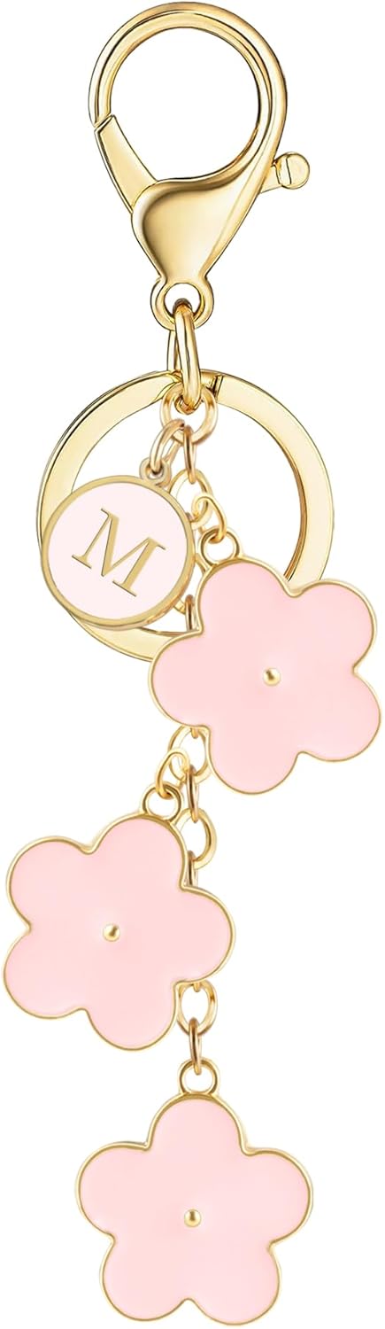 XGALBLA Women's Initial Keychain White/Pink/Black Flower Charms for Key Cute Letter Keyring for Handbag Backpack Accessories