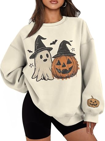 Retro Witch Hat Ghost Pumpkin Graphic Halloween Themed Long Sleeve Pullover Vintage Halloween Sweatshirt for Women