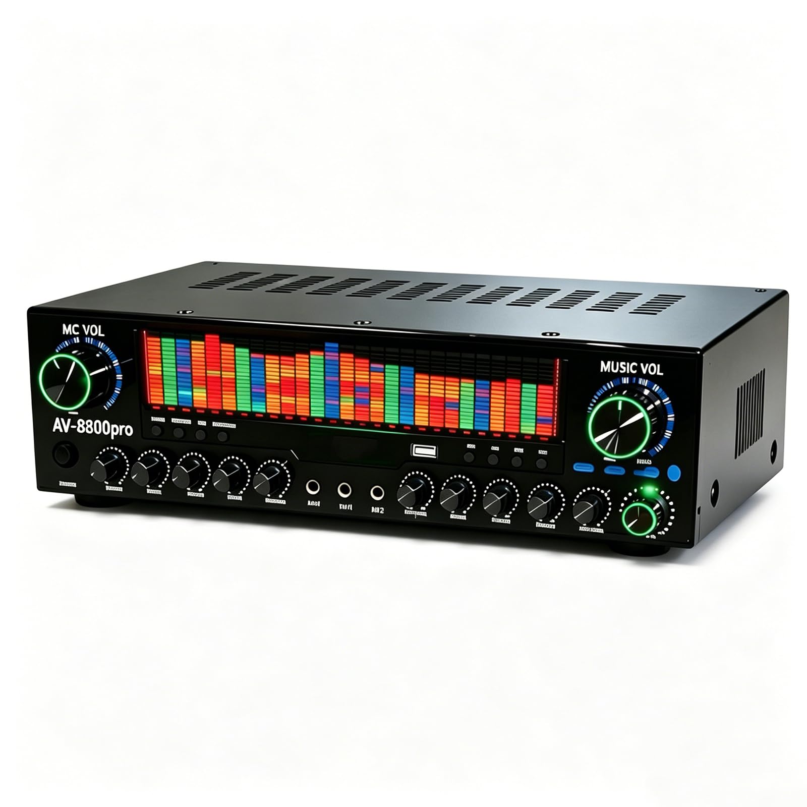 Wzmacniacz Audio Bluetooth 5.1 z korektorem graficznym, dynamicznym kolorowym wyświetlaczem LED, wejściem USB i mikrofonem, idealny do domu, karaoke i scenariusza.