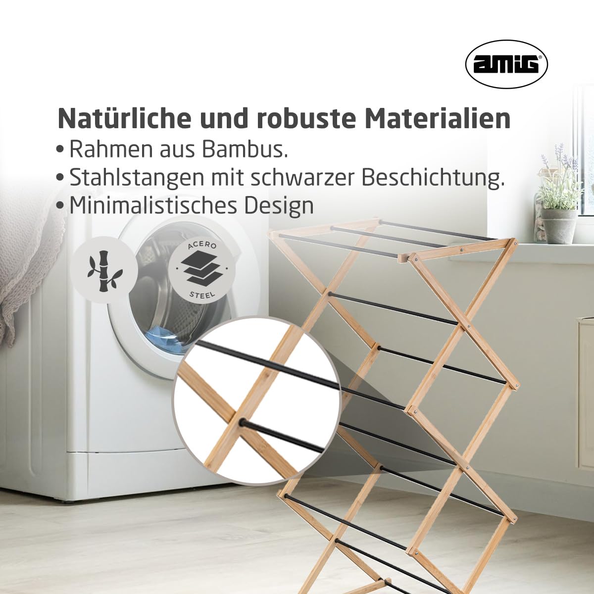 Amig - Vertikaler, klappbarer Turm-Wäscheständer Mod. Aeria ZenRack - Epoxidstahl und Bambus - Design-Wäschetrockner mit vertikaler Struktur - 5 m Trockenfläche - 54x36x106 cm - Farbe Schwarz/Bambus