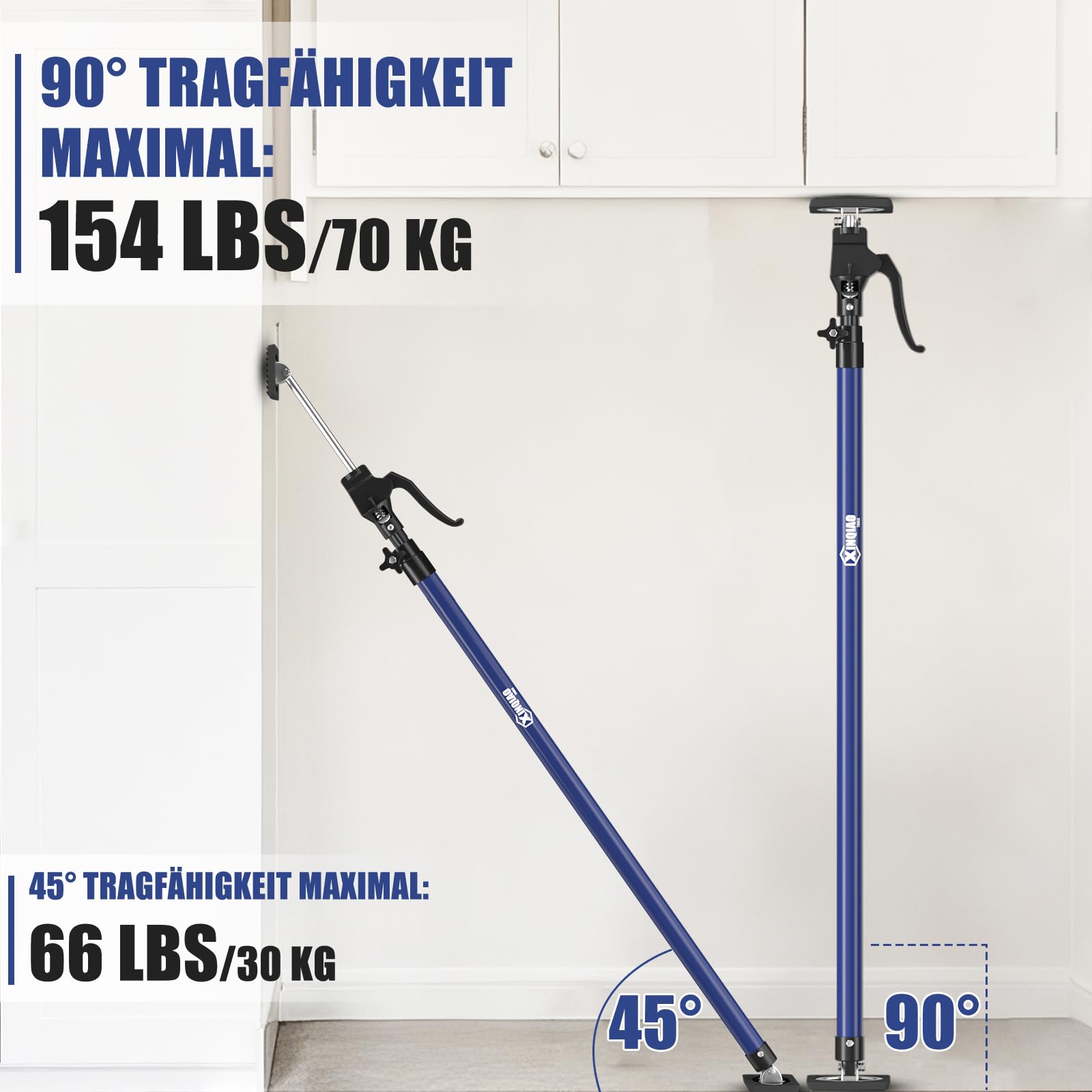 XINQIAO Stützstange, Stahl-Teleskop-Schnellstützstange, unterstützt bis zu 69,9 kg, Konstruktionswerkzeuge für Schrankheber, Lastenbaustangen und Trockenwände (Lange Stange, blau) 4PC