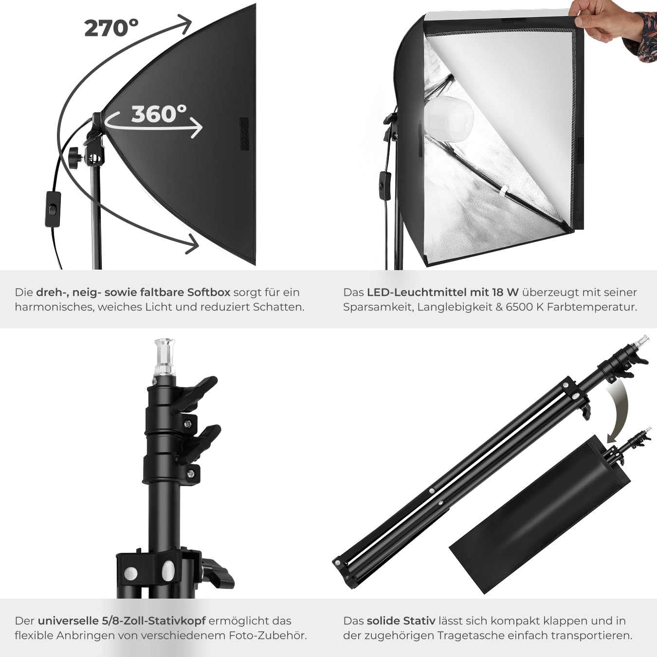 tectake® Profi Fotostudio Set 1x Studioleuchte Kamera Alu Stativ inkl. LED Beleuchtung, Softbox, Tasche, für natürliches Licht, Zubehör für Streaming, Foto, Selfie, Video, Webcam, Indoor und Outdoor