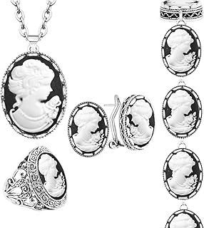 Vintage Look White Lady Queen Cameo Sets For Women Victoria Pendant Cameo Necklace Earring Stud Ring Fashion Antique Silver Plated Jewelry