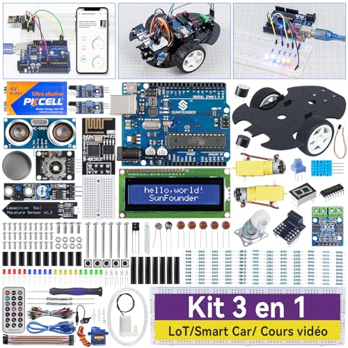 SunFounder Kit Ultime Compatible avec Arduino UNO IDE Scratch,3 en 1 IoT/Voiture Intelligente/Kit de Base,Tutoriels en Ligne,Cours Vidéo en Anglais,192...