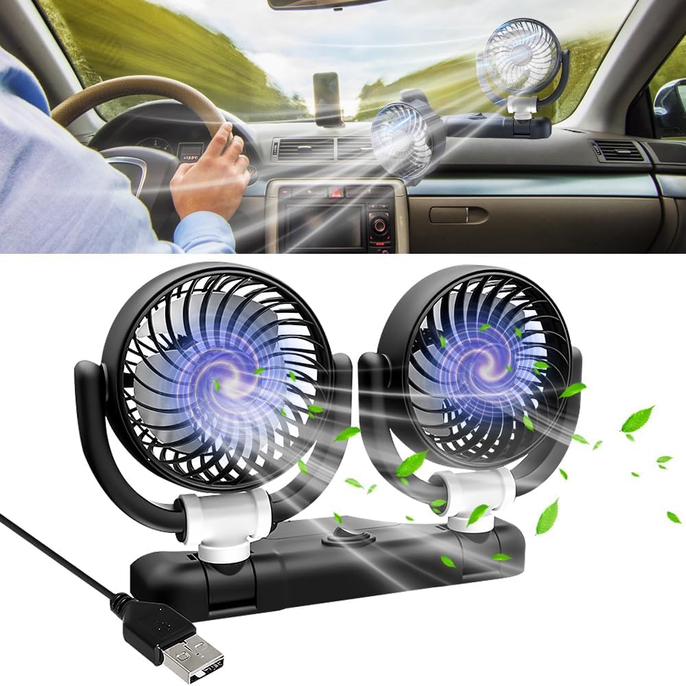 Ventilateur de voiture 5 V USB double tête - Portable - Rotation à 360° - Double tête - 2 vitesses - Faible bruit - Pour camion, camionnette, SUV, RV