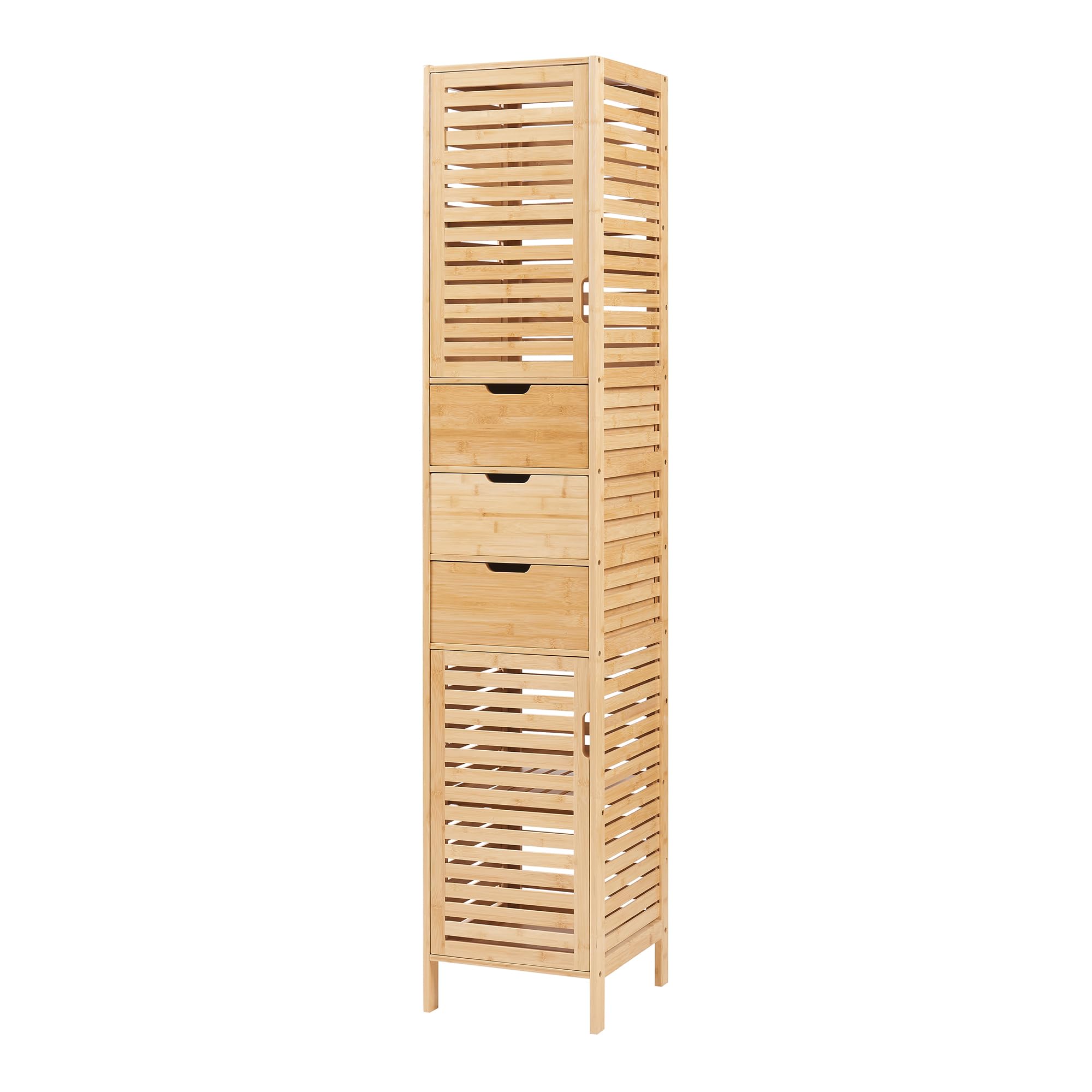[en.casa] Armario Alto de Baño Boksereys Mueble Alto de Baño con 2 Compartimentos con Puertas y 3 Cajones Mueble Auxiliar 180 x 35 x 35 cm Bambú - Natural