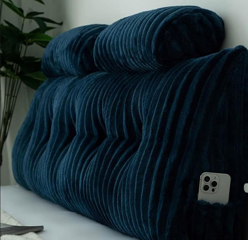 HEANCRIE Heavy Duty Headboard Pillow,Faux Fur Backrest Bolster with 2 Neck Pillow for Mattress Gap,Body Positioning Wedge Reading Cushion,Washable Lumbar Support Pillow (Blue,150X50X20CM)
