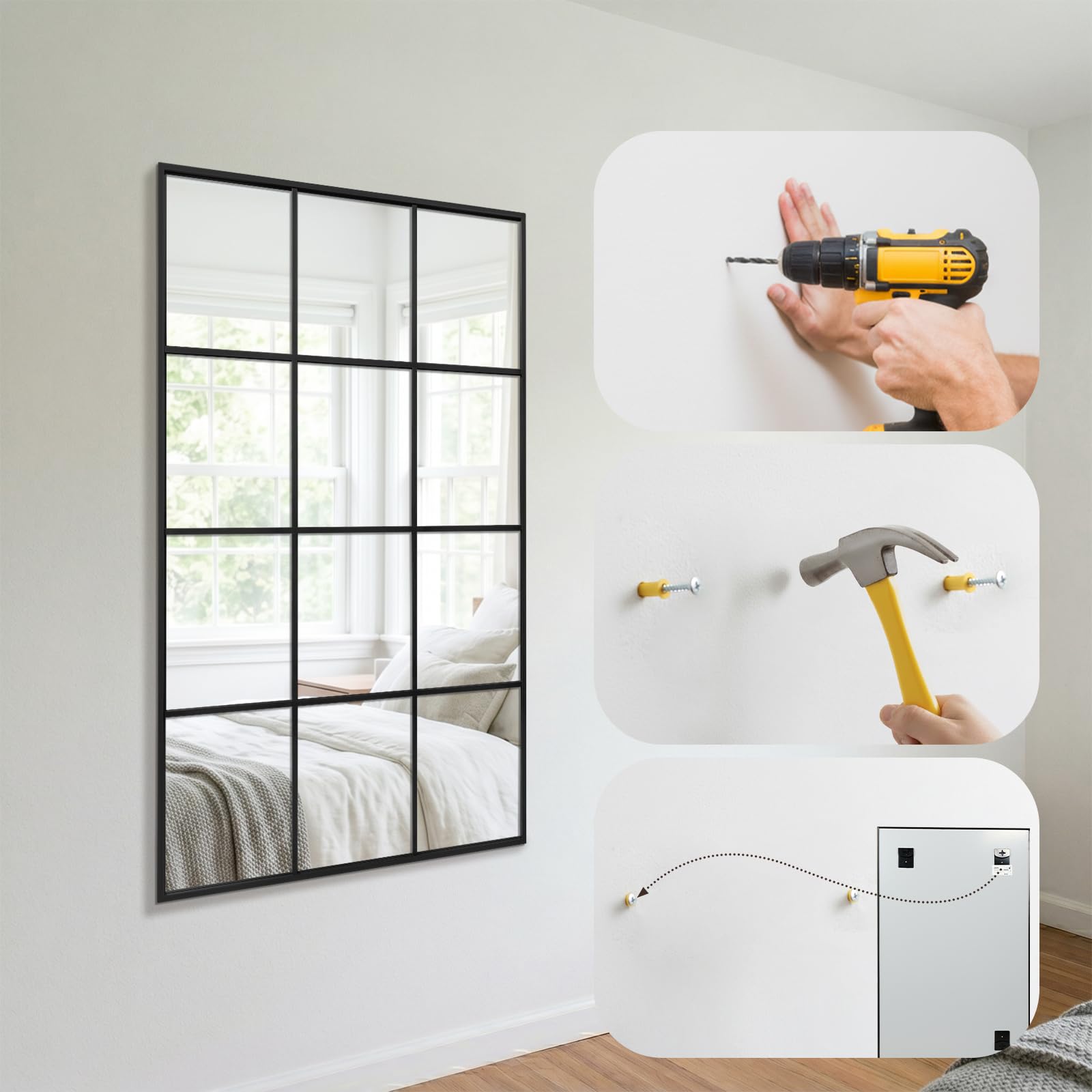 Reflix Miroir de jardin extérieur, 120 x 75 cm, miroirs muraux pour décoration, miroir de fenêtre avec cadre en aluminium pour couloir, salon, chambre à coucher, entrée, noir