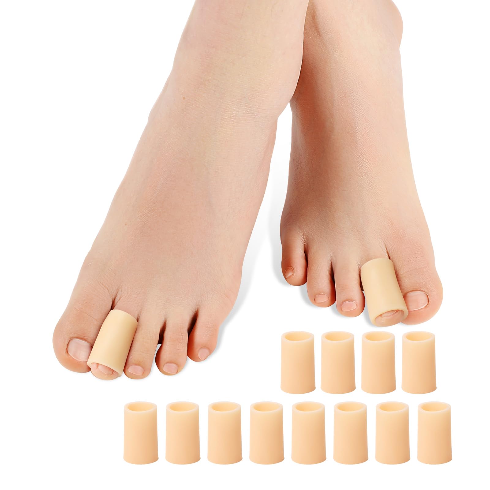 Povihome Toe Sleeves, Toe Protectors, 12 Pack Toe Tube Pads for Hammer Toe,Stubbed Toe,Corns, Calluses Protect (Medium Size, Beige)