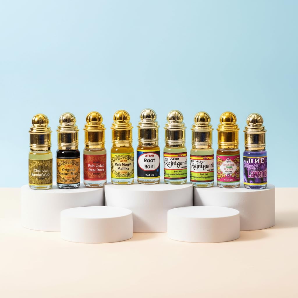 INDRA SUGANDH BHANDAR Navratri Combo Of 9 Spiritual Attars (Chandan/Sandalwood Kasturi Oudh Gulab Mogra Raatrani Rajnigandh Kamal Lavender) 3mlx9 Pieces Divine & Pure Perfume Oil For Unisex